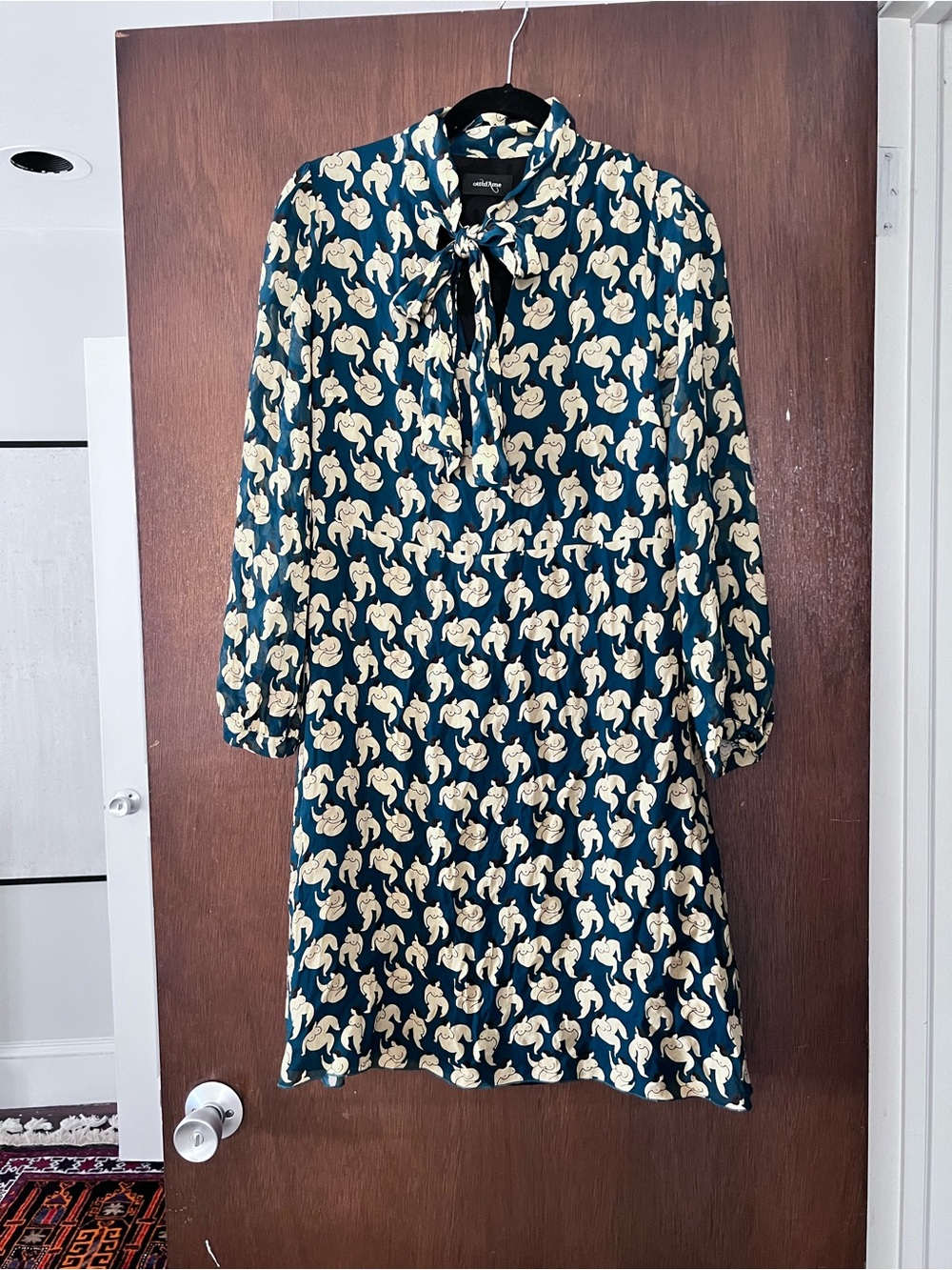 Anthropologie Teal Long-Sleeve Bow-Tie Floral Dress